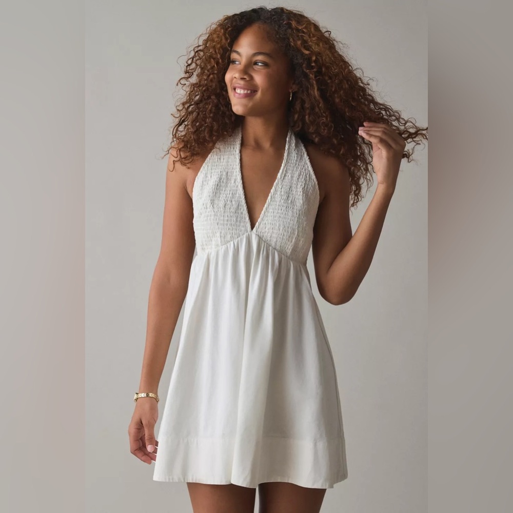 BDG Iris Smocked Plunging V-Neckline Halter Mini Dress